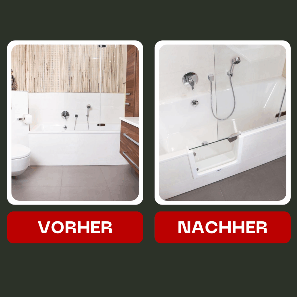 Badewannentüren Hamburg „Vorher-Nachher Vergleich: Badewannentür in Hamburg – von hohem Wannenrand zur barrierefreien Lösung mit Tür.“